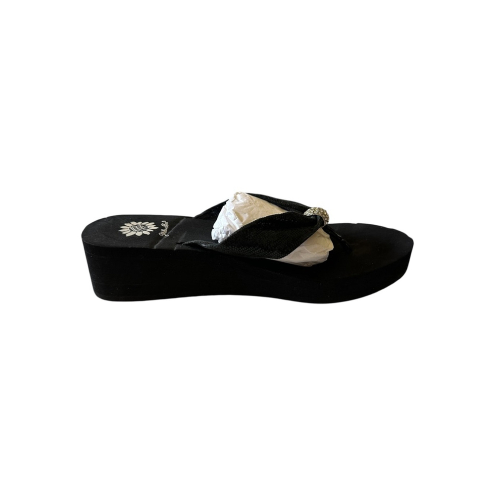 Women's Yellow Box Black Wedge Flip Flop Sandals Size 8 with Rhinestones - Picture 8 of 10